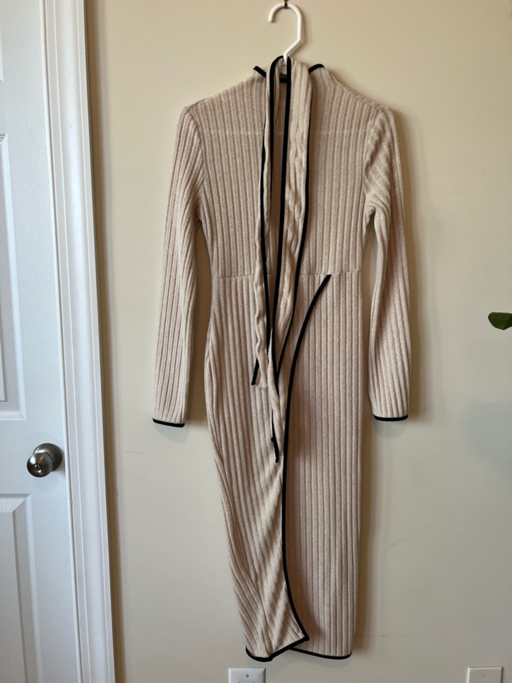 Women’s Cream Ribbed Long Sleeve Midi Dress with Black Trim